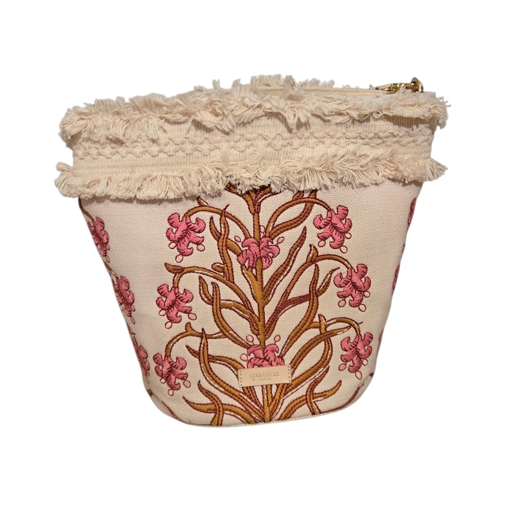 Spartina 449 Pepper Hall Woodblock Embroidered Pink Floral Bucket Handbag Purse - Picture 1 of 14